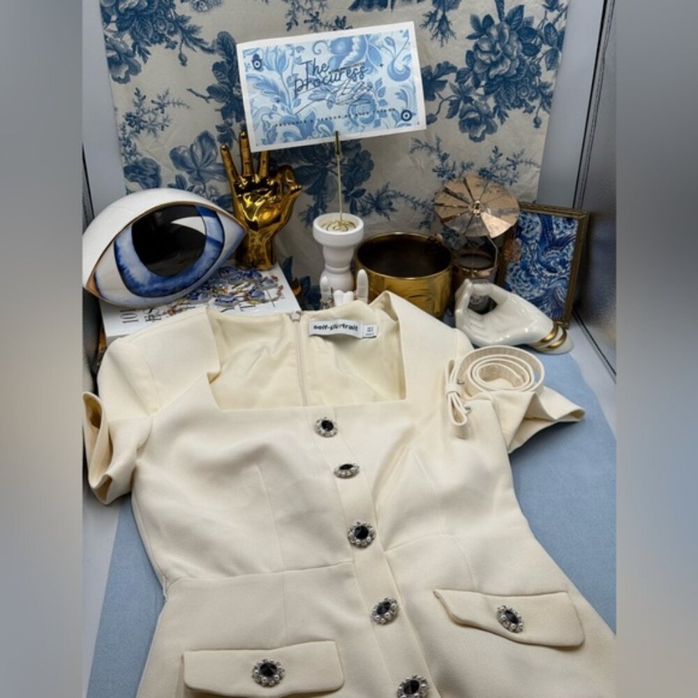 🆕 SELF-PORTRAIT 🧿 BNWOT Cream Ecru Crepe Buttoned Midi Dress, Sz UK 6/ US 2 - Picture 9 of 14